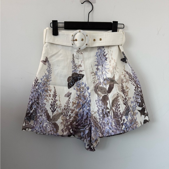 Zimmermann Size 0 Floral Butterfly Belted High Waist Linen Shorts
